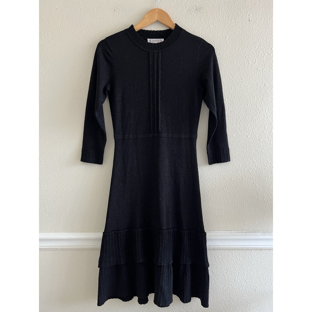 Nanette Lepore Black Metallic Lurex Sweater Dress Small Tiered Ruffle Hem LBD